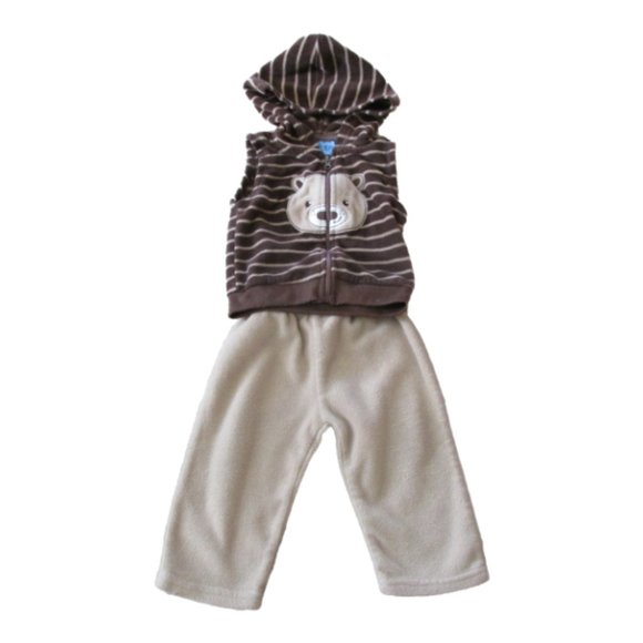 Carters 2 Pc Hooded Vest Pants Outfit Boys‎ Size 6-9M Tan Brown Striped Bear - Picture 1 of 8
